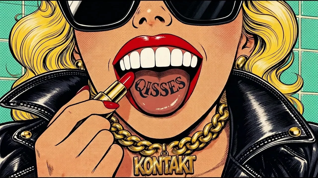 Popart-Comic: Blondine mit schwarzer Sonnenbrille und Lederjacke zieht sich vor dem Spiegel die Lippen rot nach. Auf ihren Zähnen liegt das Menü.